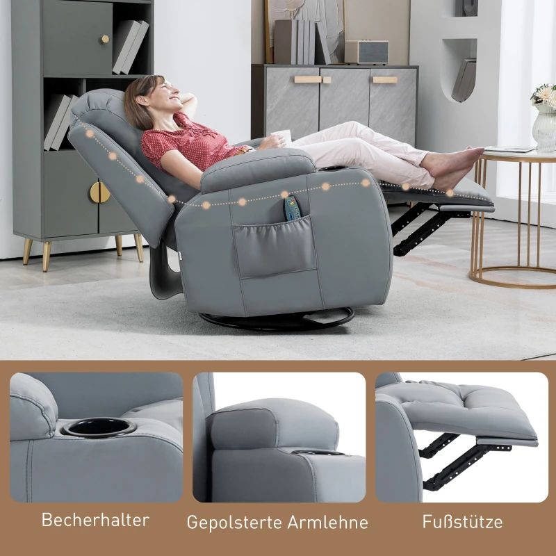 HOMCOM Massagesessel mit Wipp-, Liege- & Wärmefunktion, Timer, 5 Modi, drehbar, Hellgrau(m-8)