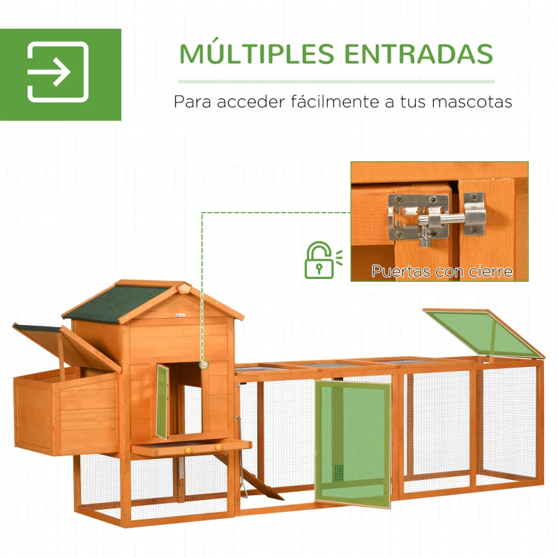 PawHut Gallinero de Madera Grande para 3-6 Gallinas con Techo Asfáltico Nido y Bandeja Extraíble 297,5x68x118 cm Natural(m-5)