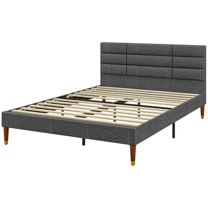 HOMCOM Estructura de Cama 140x200 cm con Cabecera Tapizada de Lino y Espacio de Almacenamiento Carga 250 kg Gris
