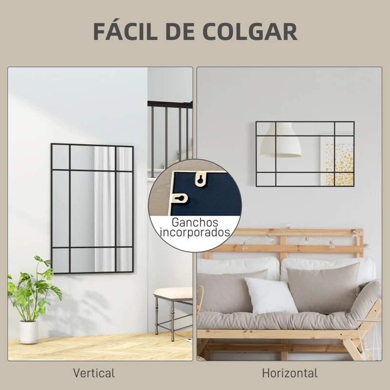 HOMCOM Espejo Rectangular de Pared Espejo de Ventana 90x60 cm con Marco de Metal Espejo Decorativo para Salón Dormitorio Negro
