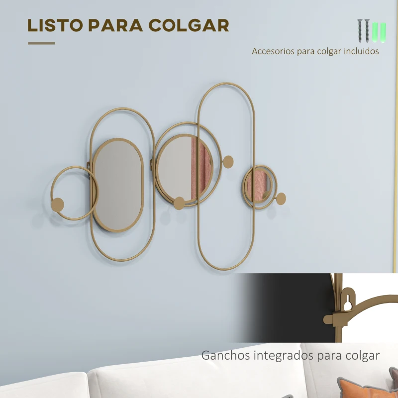 HOMCOM Espejo Decorativo de Pared con 4 Ganchos y 3 Espejos Decorativos para Colgar Abrigos Bolsos para Pasillo 106x71cm Dorado