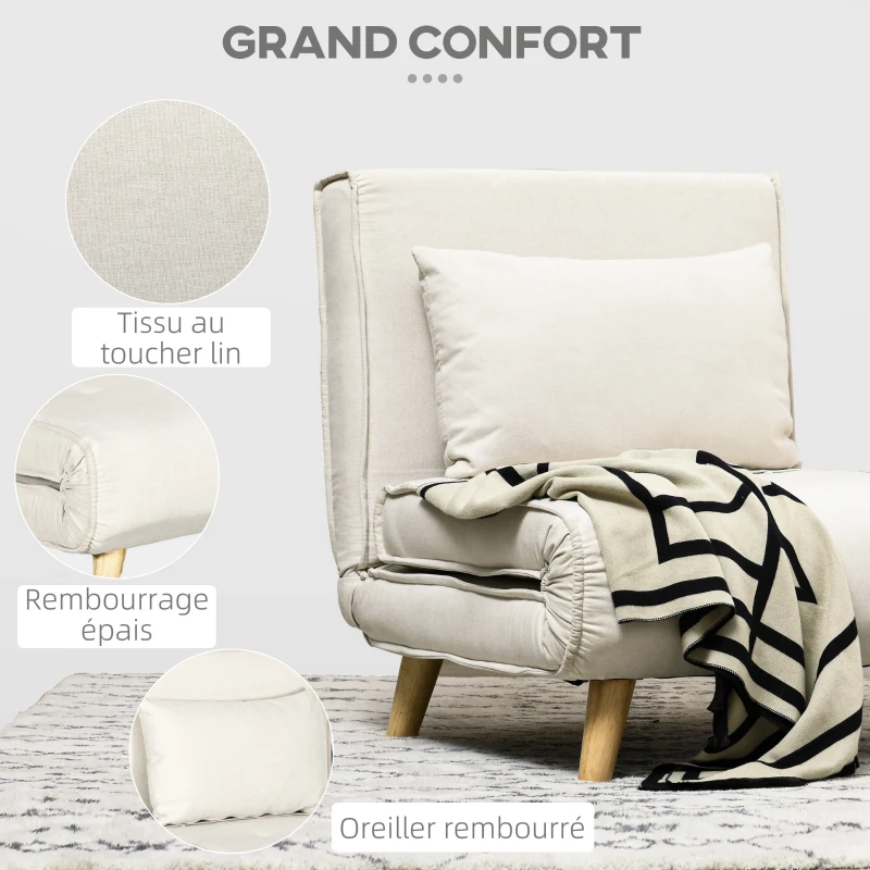 HOMCOM Fauteuil convertible 2 en 1 chauffeuse lit 1 place Dossier Réglable pieds en Bois et coussin(m-4)