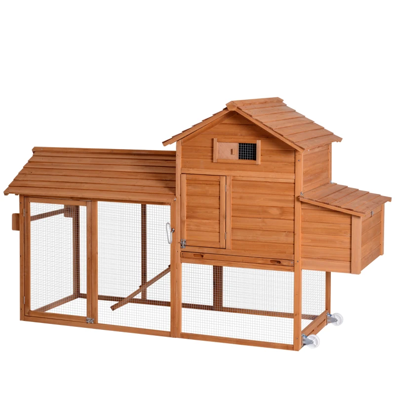 PawHut Gallinero Exterior con Ruedas 210x90x130 cm Jaula para Gallinas de Madera con Corral de Metal Techo Abatible Natural
