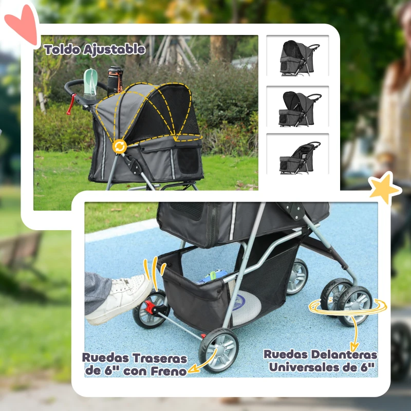 PawHut Carrito para Perros Pequeños con Toldo Ajustable Cesta de Almacenaje Portavasos y Ruedas 75x45x97 cm Gris Oscuro