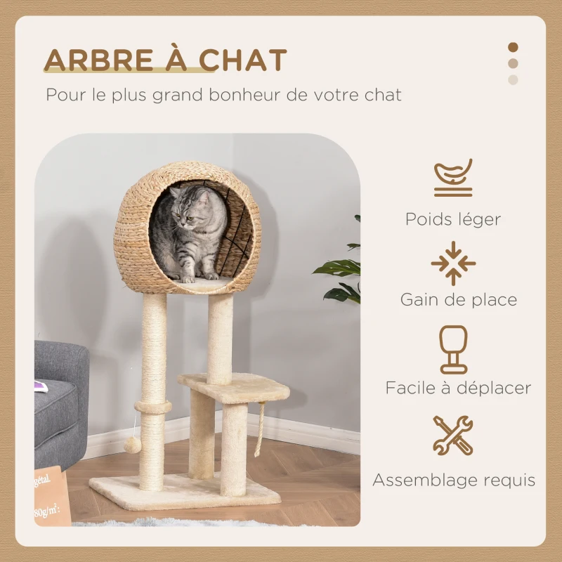 PawHut Arbre à chats style cosy chic griffoir sisal naturel grande niche plateformes jeu boule corde escalade peluche courte massette 48 x 40 x 100 cm beige