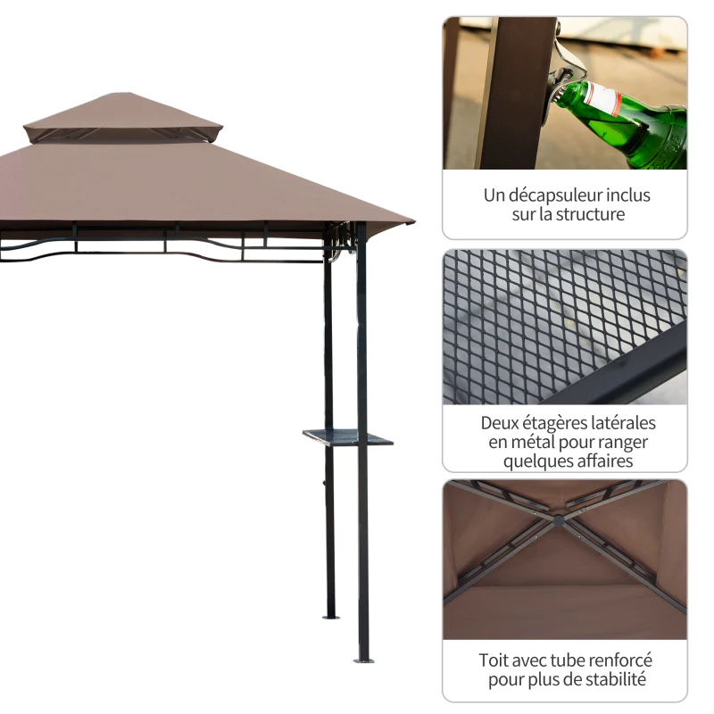 HOMCOM Pavillon abri tonnelle de Jardin pour Barbecue Double Toit 2 tablettes incluses Tissu Polyester Acier 2,5 x 1,5 m Chocolat