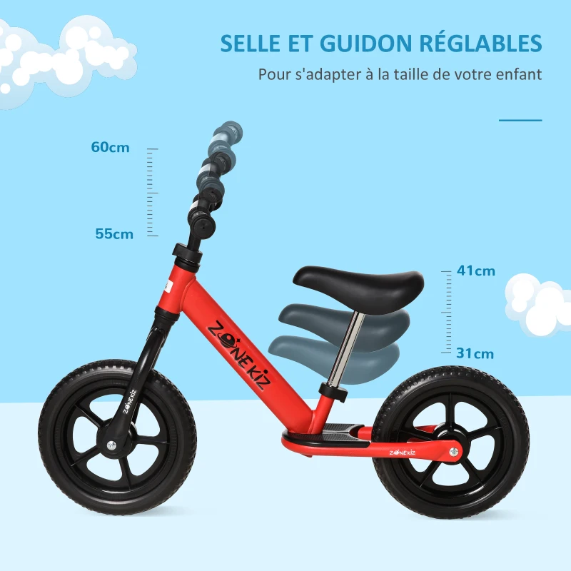 HOMCOM Draisienne Enfant Vélo Sans Pédales pour Enfants de 3 à 5 ans Roues 12" EVA Hauteur Selle et Guidon réglable cale-Pied antidérapant Acier Rouge Noir