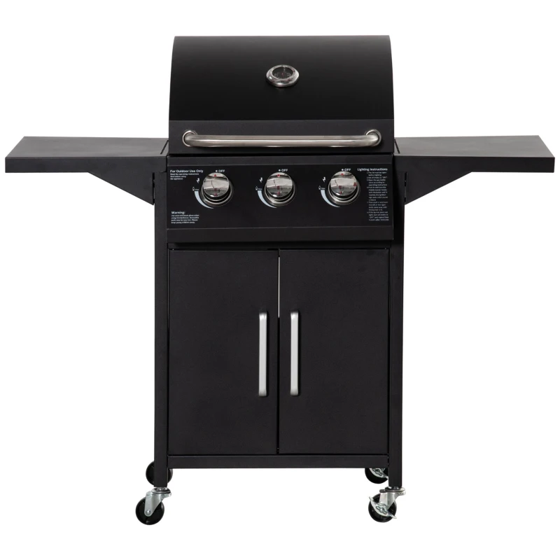 Outsunny Gasgrill, BBQ-Grill mit 3 Brennern je 2,9 kw, 4 Räder, Schwarz
