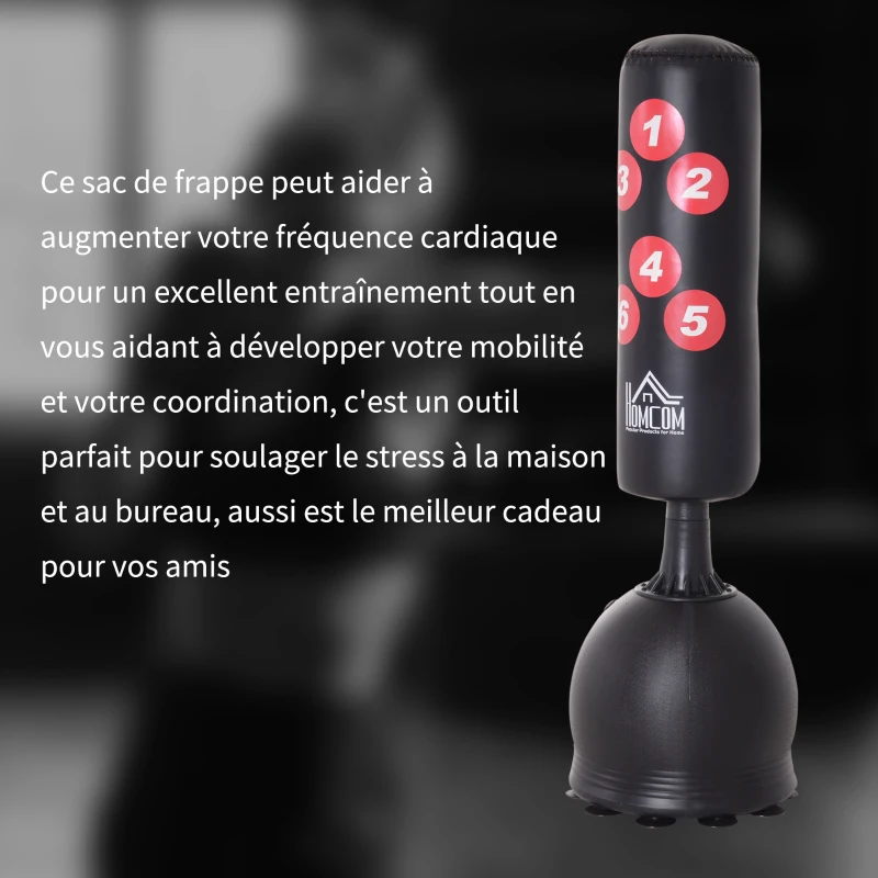 HOMCOM Sac de frappe boxe sur pieds punching ball autoportant adultes enfants 165 cm cibles de touche ventouses antidérapantes noir rouge
