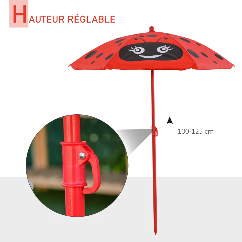 Outsunny Ensemble Salon de Jardin Enfant 4 pcs Design Coccinelle - Table Ronde + 2 chaises Pliables + Parasol - métal époxy Oxford Rouge