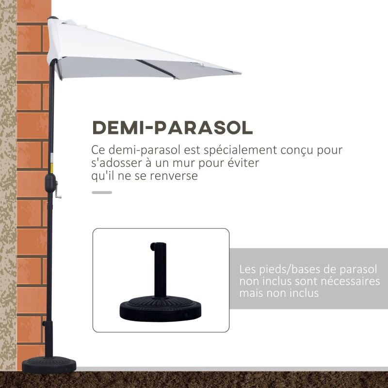 Outsunny Demi-Parasol Ø 2,6 m, parasol de balcon 5 entretoises acier polyester crème