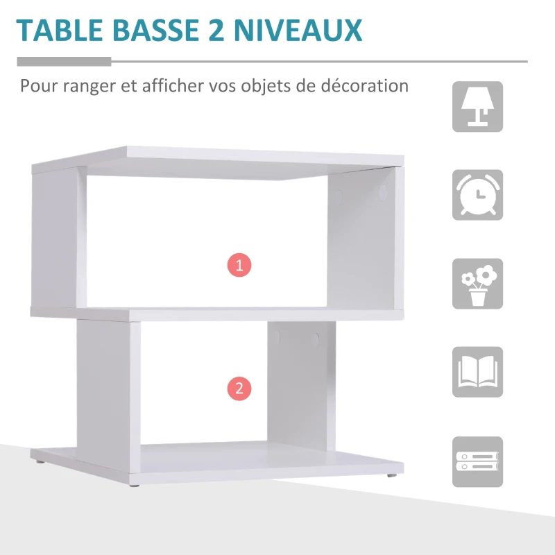 HOMCOM Table Basse Bout de canapé Design Contemporain asymétrique dim. 40L x 40l x 43H cm 2 étagères Panneaux Particules Blanc