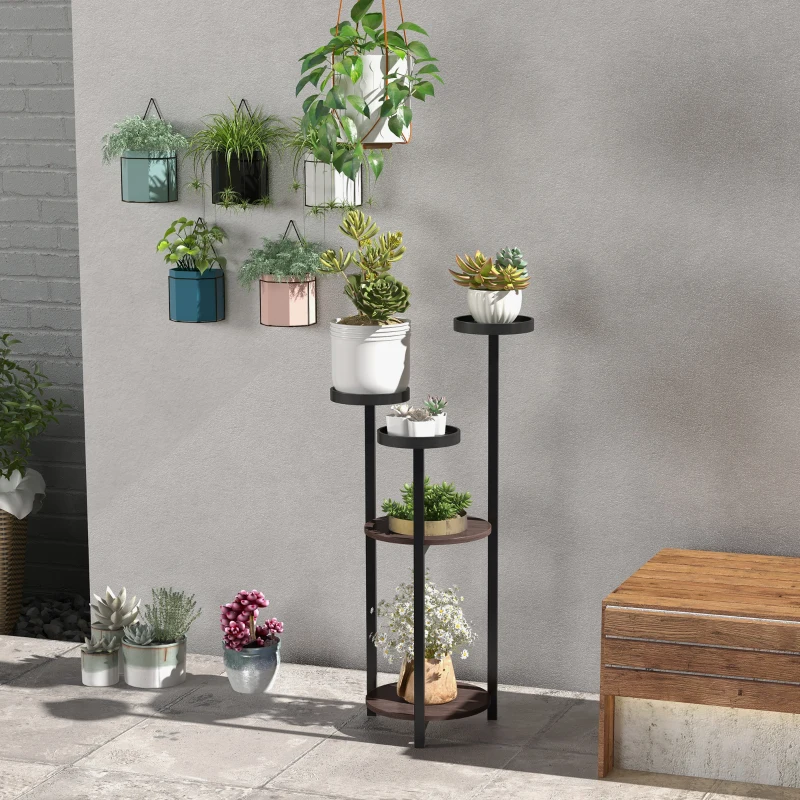 Outsunny Blumenständer, 5 Etagen, für Innen & Außen, Stahl+Tannenholz, 28x28x87cm, Braun/Schwarz