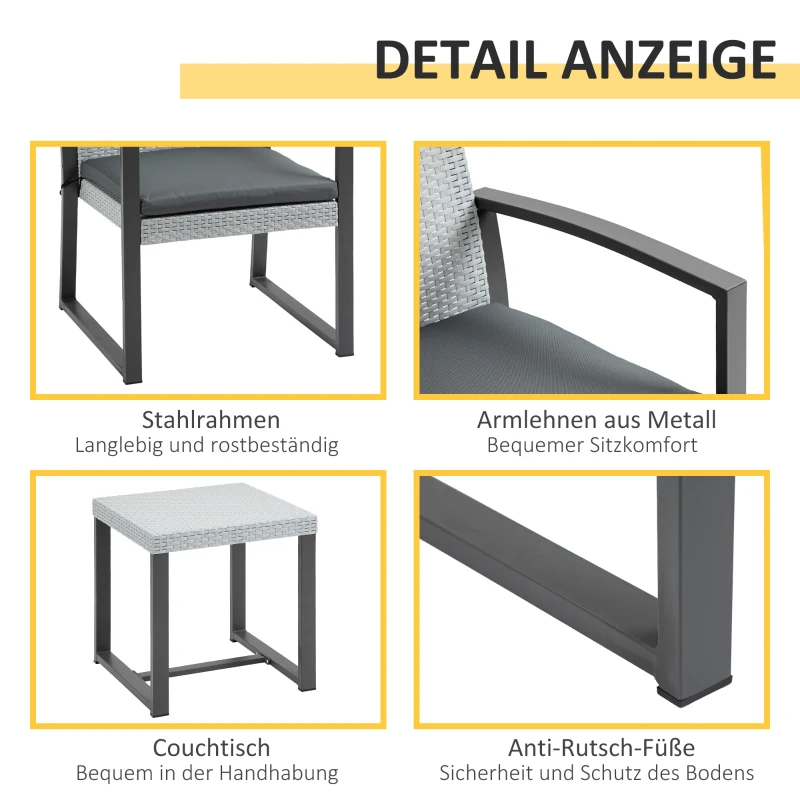 Outsunny Polyrattan Sitzgruppe für 2 Personen Balkonmöbel Set mit Beistelltisch mit Sitzkissen Stahl Schwarz+Grau