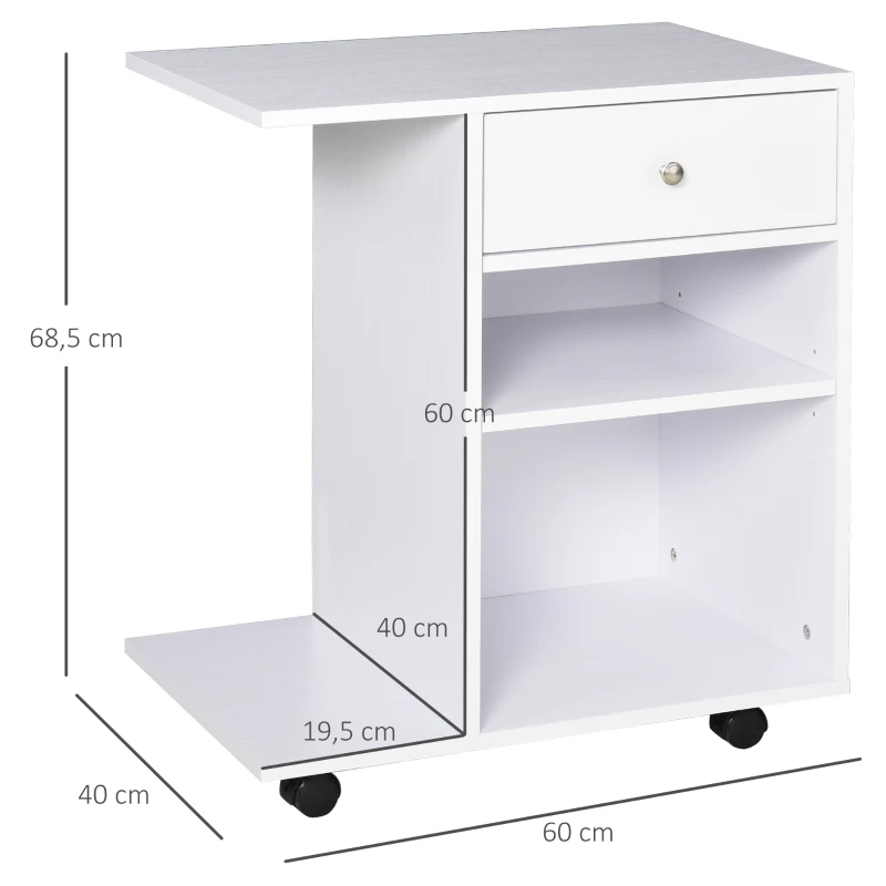 Vinsetto Druckertisch, Druckerständer, Bürowagen, Rollwagen mit Schublade+2 Ablagen+CPU-Ständer, Spanlatte, Weiß, 60 x 40 x 68,5 cm