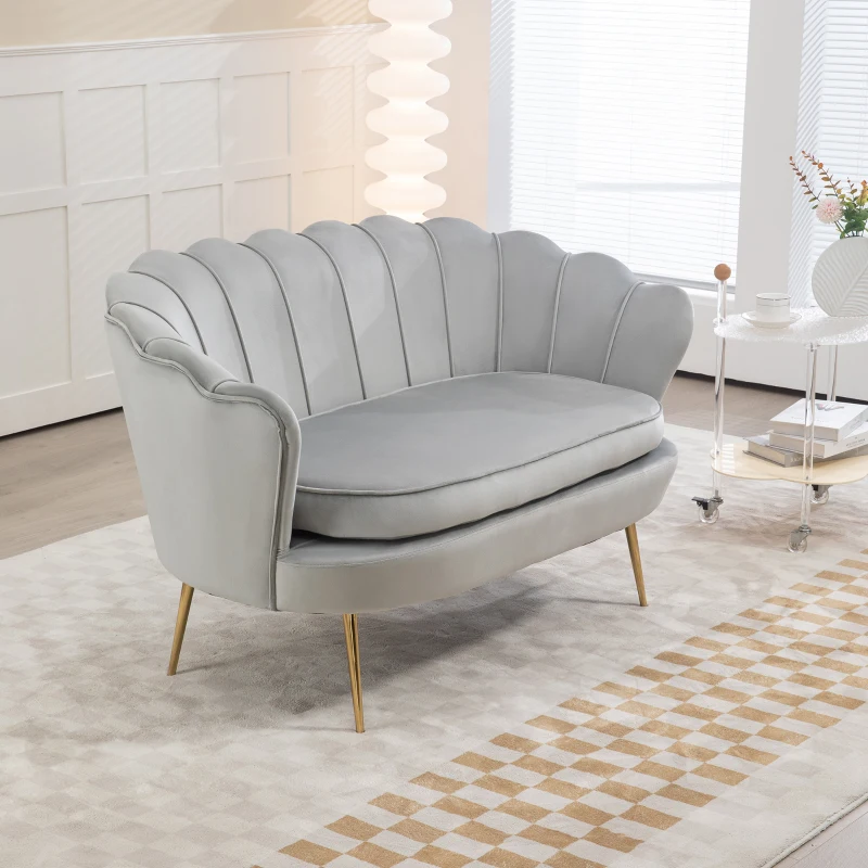 HOMCOM Canapé 2 places en tissu velours en forme de coquillage avec coussin épais de 10 cm pieds dorés effilés gris clair