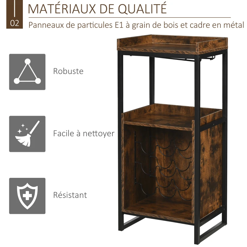 HOMCOM Casier à vin design industriel étagère à bouteilles 9 bouteilles support verres à vin intégré métal noir aspect vieux bois veinage