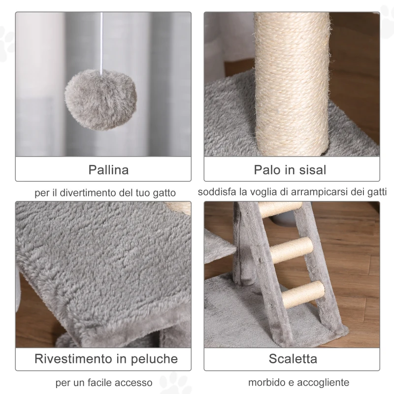 PawHut Tiragraffi Multilivello Palestra per Gatti con Cuccia, Scala e Corde in Sisal, Grigio Chiaro, 50x40x120cm