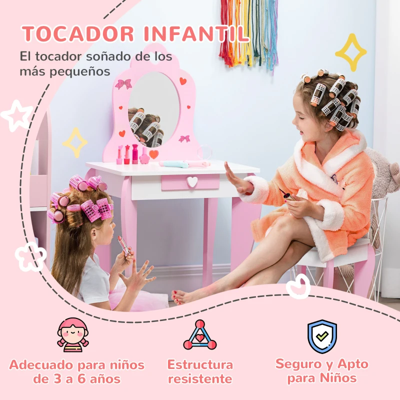 ZONEKIZ Tocador de Madera Infantil con Taburete y Espejo Centro de Belleza con 1 Cajón para 3-6 Años 50x36,5x89,5cm Rosa