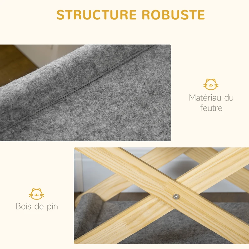 PawHut Lit pliable pour chats hamac 2 niveaux en bois et feutrine avec jeu boules suspendues - dim. 52L x 42l x 33,5H cm