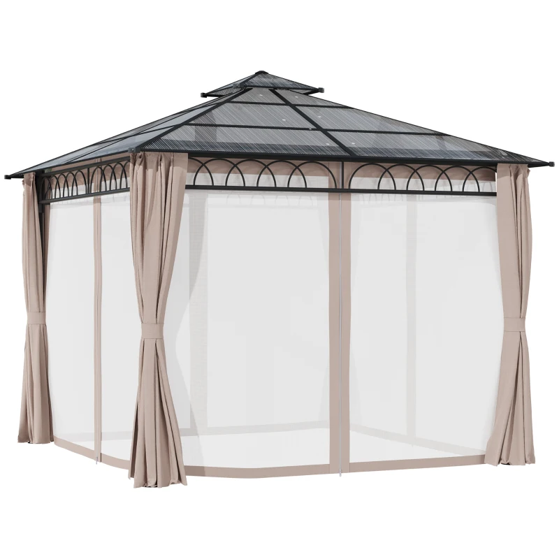 Outsunny 3 x 3 (m) Outdoor Polycarbonate Gazebo, Double Roof Hard Top Gazebo with Galvanised Steel Frame, Nettings & Curtains for Garden, Lawn, Patio and Deck, Khaki