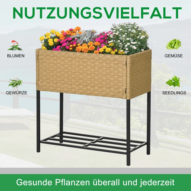 Outsunny Hochbeet, Blumenkasten, tiefe Ablage, Metallrahmen/Polyrattan, 70 x 30 x 72 cm, Sandfarben