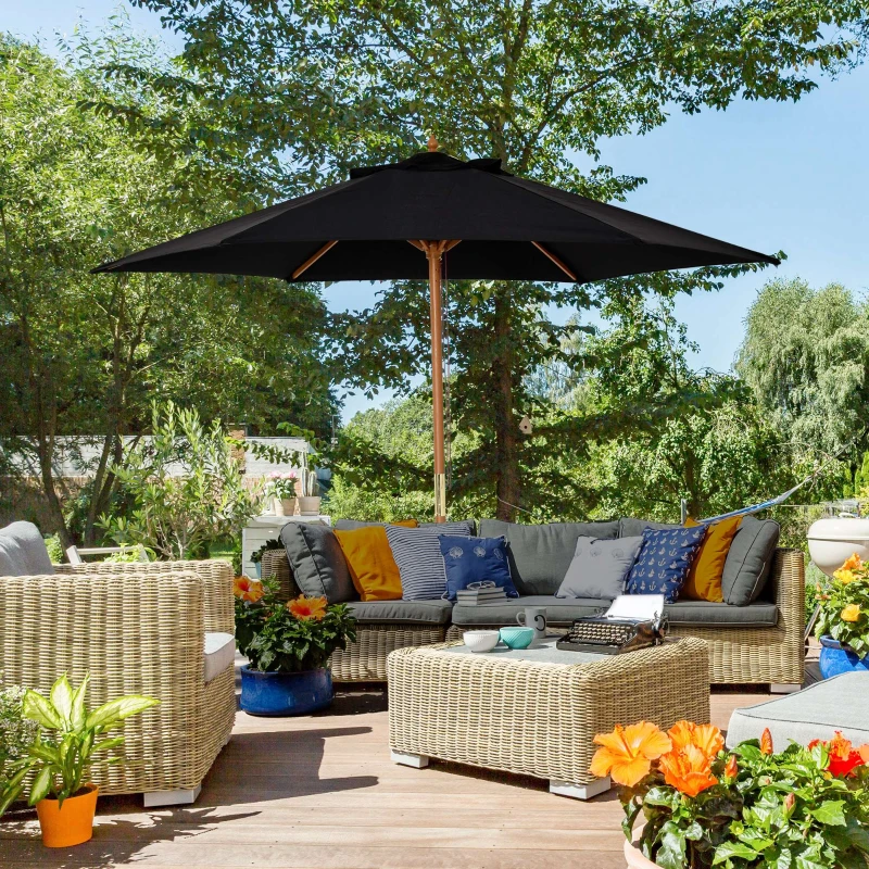 Outsunny Wooden Garden Umbrella Sun Shade with Top Vents, Bamboo Ribs and Sturdy Wood Pole, Black