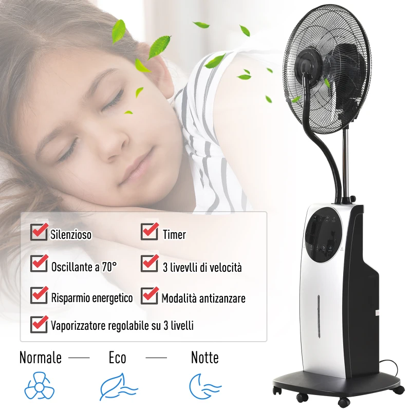 HOMCOM Ventilatore Oscillante con Nebulizzatore Deumidificatore e Telecomando 3 Modalità e Timer 12h Ф44.5cm x 135cm
