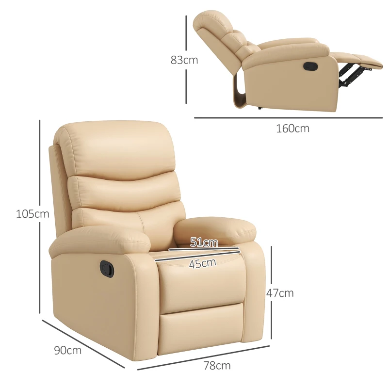 HOMCOM Poltrona Relax Reclinabile con Poggiapiedi in Finta Pelle e Imbottitura in Spugna, 78x90x105cm, Beige