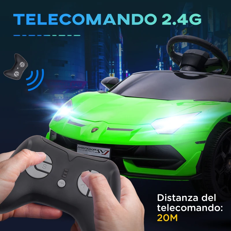 HOMCOM Macchina Elettrica per Bambini a 12V Licenza Lamborghini con Clacson e Telecomando, 107.5x63x42 cm, Verde