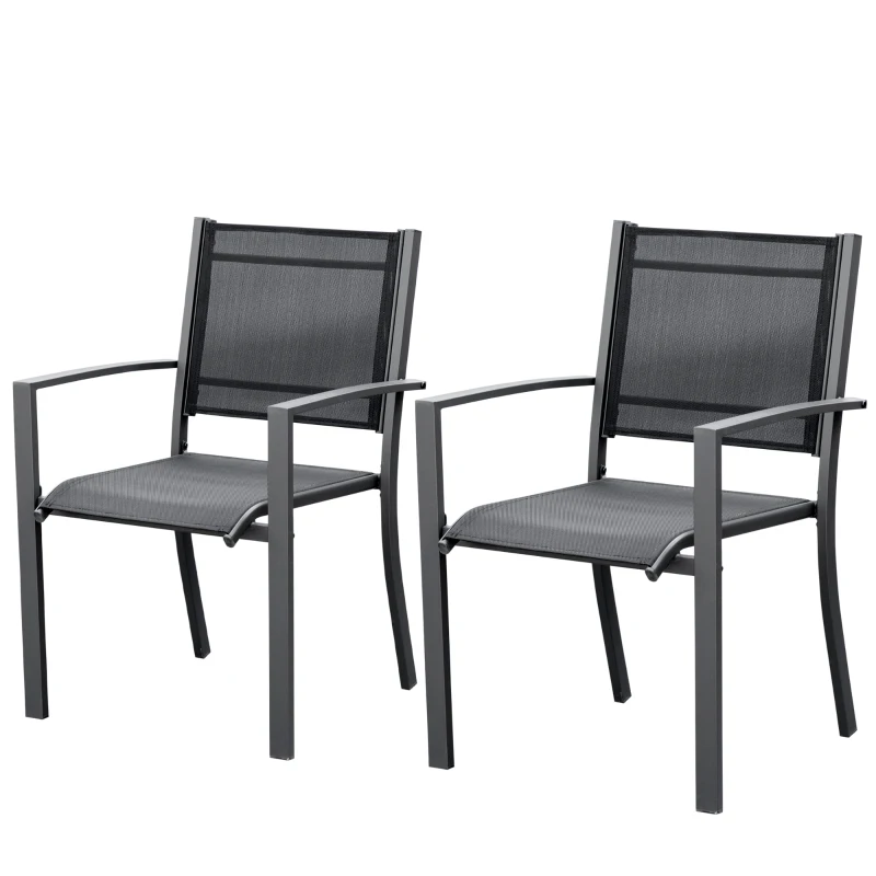 Outsunny Garden Chairs Set Of 2 Outdoor Chairs with Steel Frame Texteline Seats for Dining Patio Balcony Dark Grey and Black