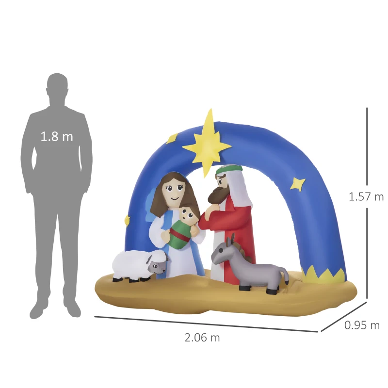 Outsunny Presepe di Natale Gonfiabile con 5 Luci LED Integrate e Gonfiatore Incluso 206x95x157cm