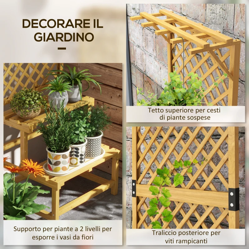 Outsunny Fioriera con Grigliato a 2 Livelli con Tetto e Ripiani a Doghe, in Legno di Abete, 60x50x166 cm