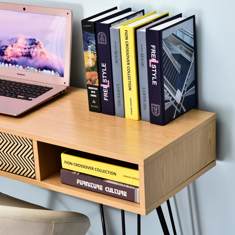 HOMCOM Table de Bureau Table de Console Design scandinave Graphique dim. 100L x 35l x 75H cm 2 niches tiroir Pieds en Acier Noir - Bois chêne