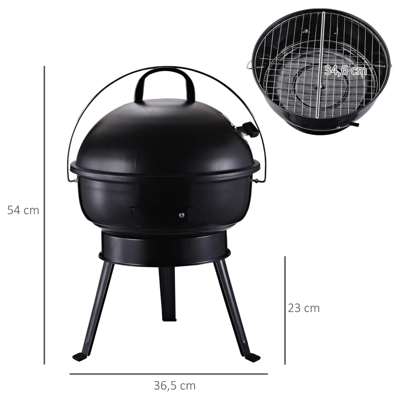 Outsunny Barbecue à charbon ronde portable barbecue de jardin résistant avec couvercle métal 36,5 x 36,5 x 54 cm noir