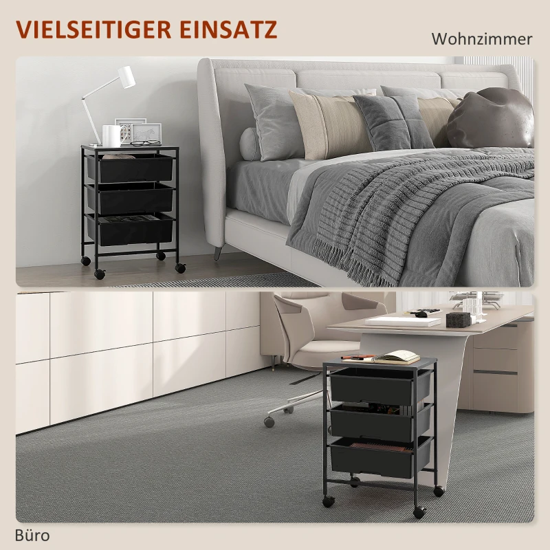 HOMCOM Beistellwagen mit Rädern, 3 Körbe für Transport und Aufbewahrung, Küchenwagen, 40,8L x 33,5B x 60,5H cm, Schwarz
