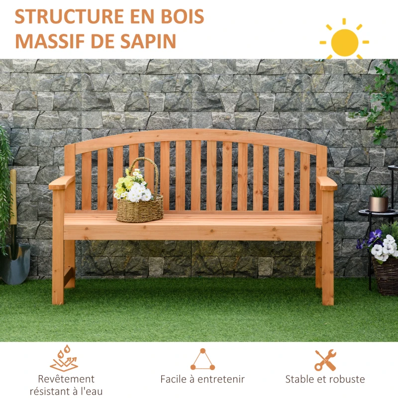 Outsunny Banc de jardin 2 places banquette extérieur terrasse patio dossier haut assise à lattes accoudoirs confortables bois de sapin 140 x 50 x 85 cm orange