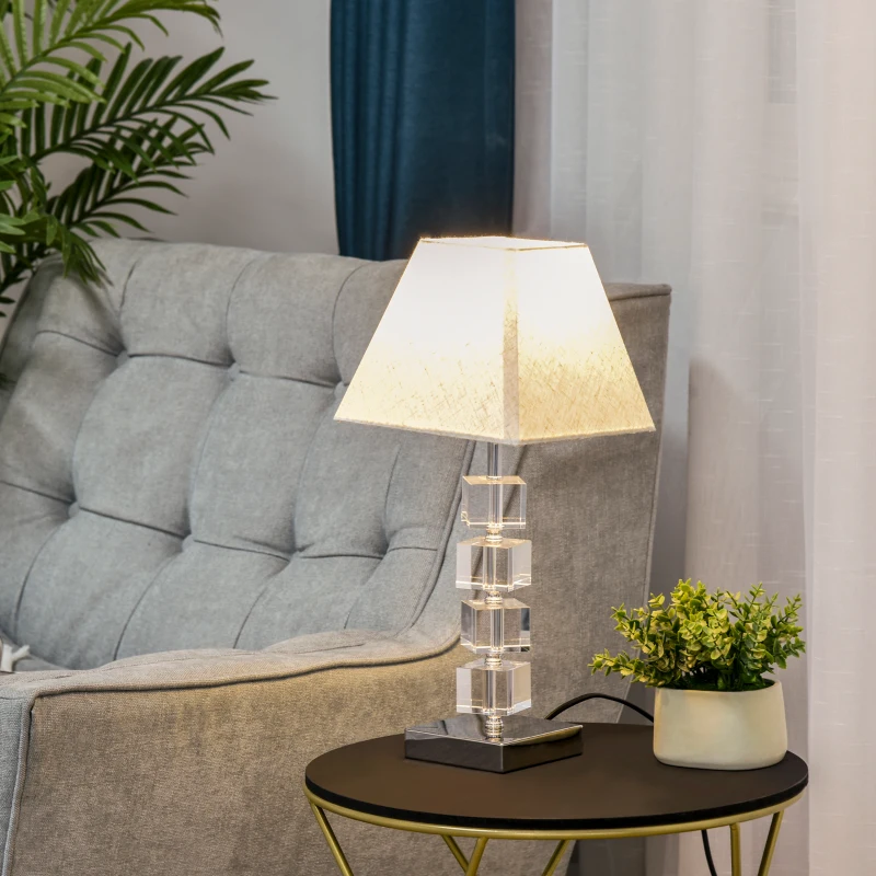 HOMCOM Tischlampe mit drehbarem Kristallwürfel, Metallsockel und Lampenschirm, Lampensockel E14, Metall, Polyestergewebe, Kristallglas, cremeweiß 20x20x47 cm
