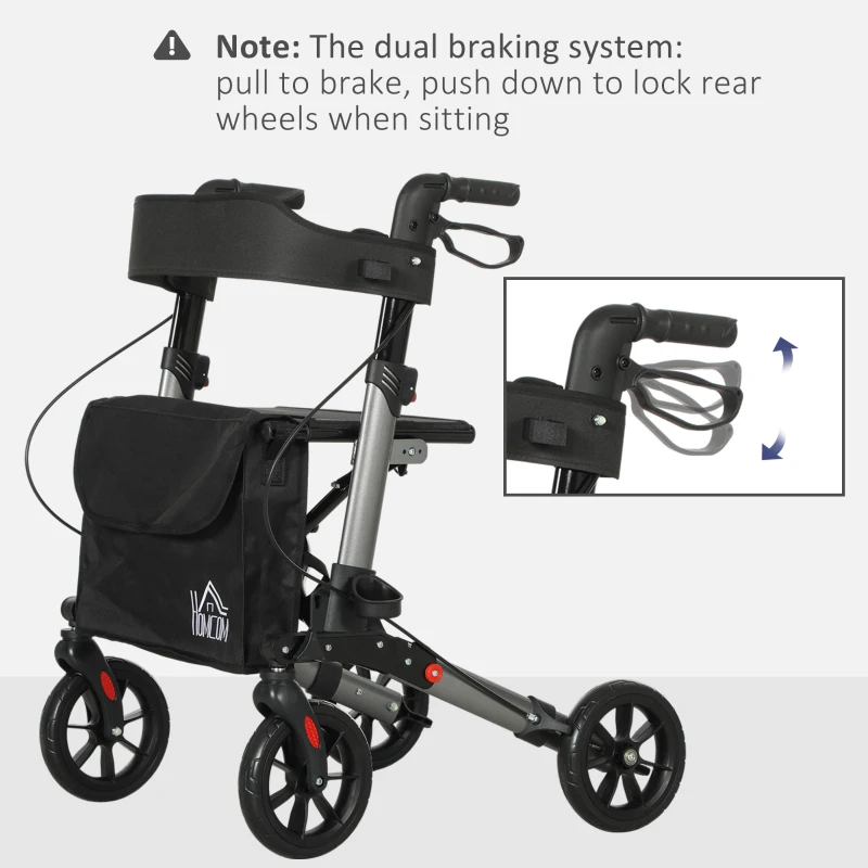 HOMCOM 4 Wheel Rollator with Seat and Back, Folding Mobility Walker with Carry Bag, Adjustable Height, Dual Brakes, Cane Holder, Lightweight Aluminium Walking Frame for Seniors and Disabled, Silver