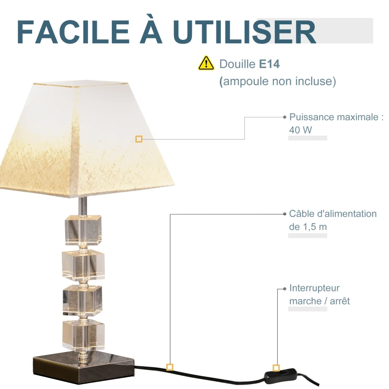 HOMCOM Lot de 2 lampes en cristal - lampe de table design contemporain - Ø 20 x 47H cm - abat-jour polyester blanc beige