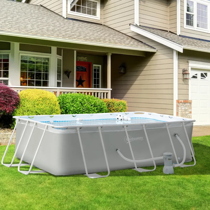 Outsunny Steel Frame Pool with Filter Pump, Outdoor Rectangular Frame Above Ground Swimming Pool, 340 x 215 x 80 cm, Light Grey