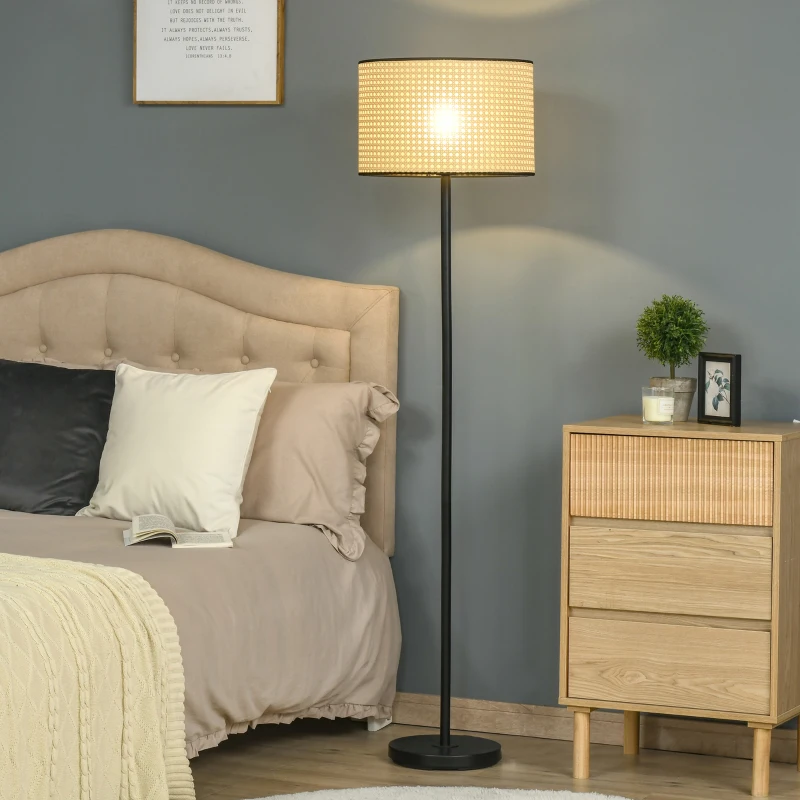 HOMCOM Lampadaire abat-jour cannage E27, max 40W dim. Ø38 x 153H cm acier noir et jaune