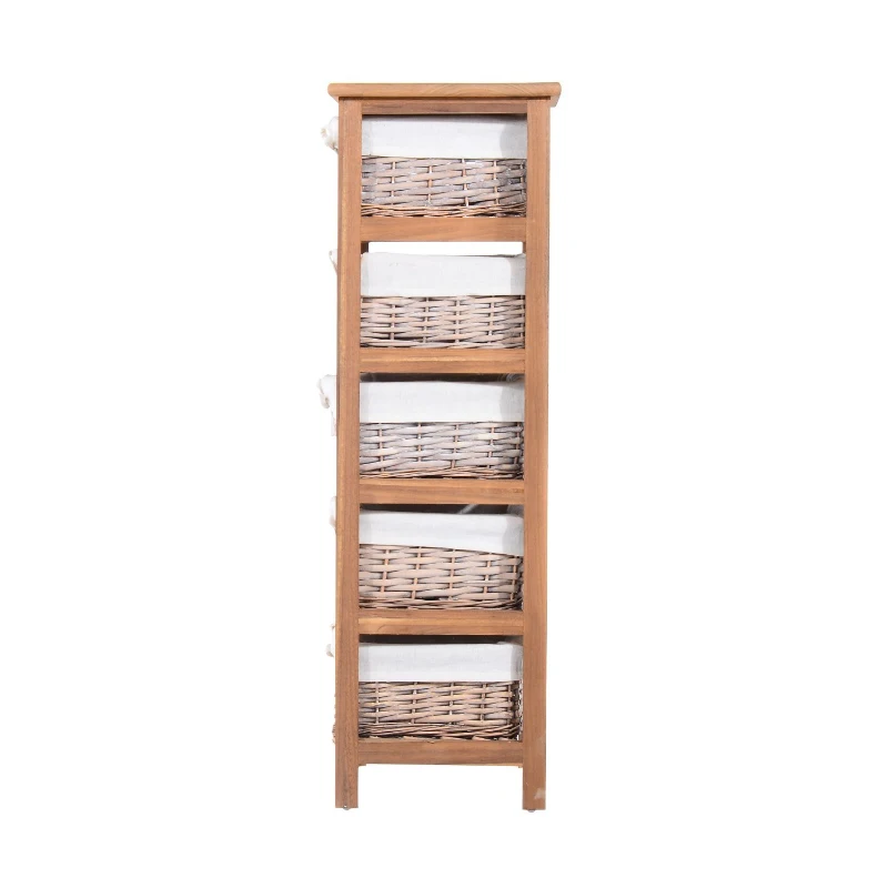 HOMCOM Armario Auxiliar 5 Cajones Cajonera Madera Mimbre 40x29x90cm Estanteria Organizador NUEVO (Madera Natural)