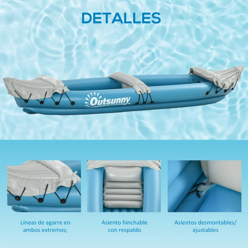 Outsunny Kayak Hinchable de 2 Plazas con 2 Remos de Acero Inflador Manual y Kit de Reparación 318x80x50 cm Azul