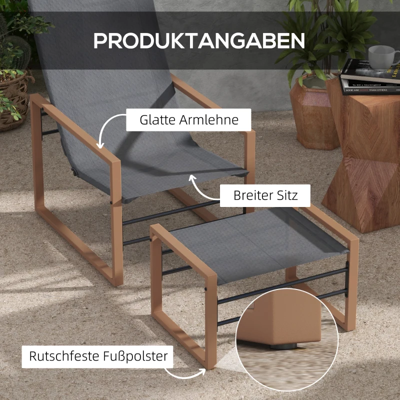 Outsunny Terrassenstuhl mit Hocker, wetterfest, Mesh-Bezug, Metallrahmen, Braun