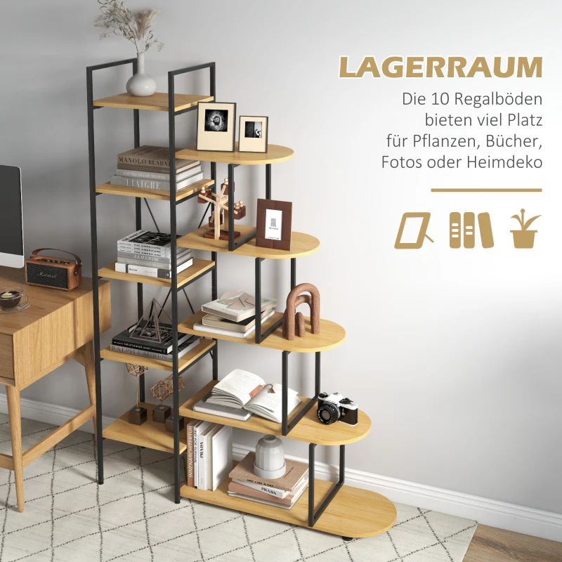 HOMCOM Wandregal im Industriedesign, Bücherregal, 10 Regalböden, Natur + Schwarz