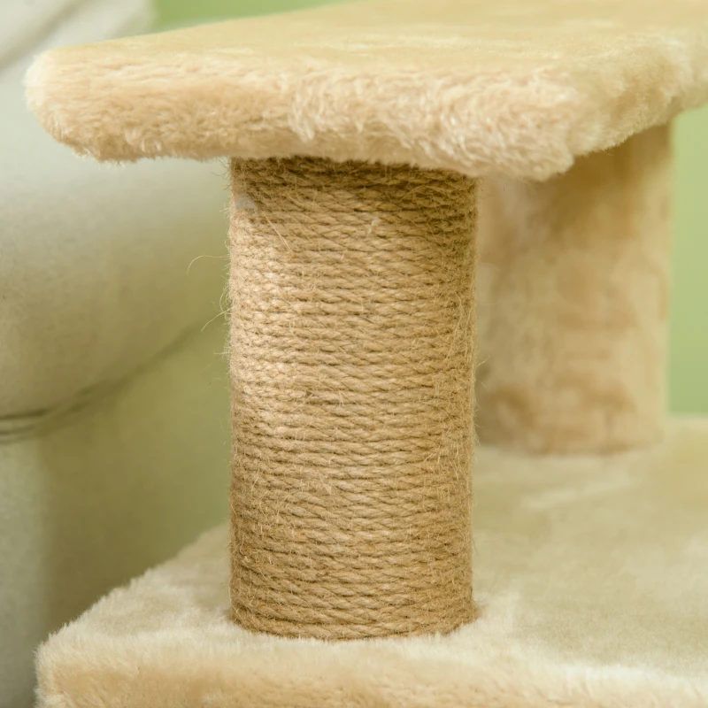 PawHut Haustiertreppe, Kratzbaum, 4 Stufen, Spielball, Häuschen, höhenverstellbar, 60 x 40 x 66 cm, Beige(m-8)