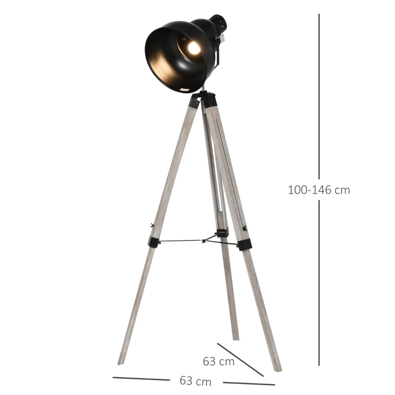 HOMCOM Industrial Tripod Base Cone Floor Lamp w/ Wood Legs Metal Shade Power Switch Adjustable Height Angle Home Office Styling Lighting Furniture Vintage Retro