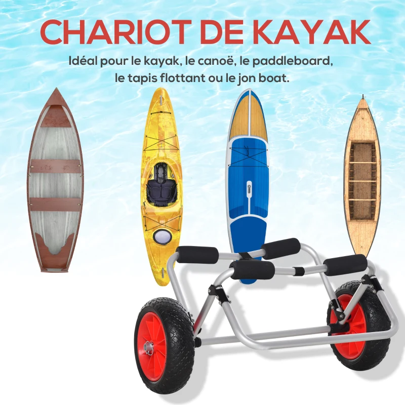 HOMCOM Chariot de transport trolley pour kayak, stand-up paddle, canoë cadre en aluminium dim. 70L x 40L x 42H cm