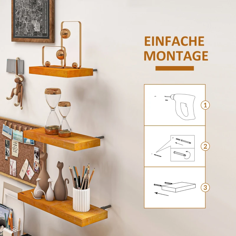 HOMCOM 3-er Set Wandregale Schweberegal Wandregal, 50 cm x 18 cm x 3,6 cm, Kiefernholz, Braun